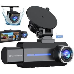 Black 3-Channel Dash Cam with 32GB Card